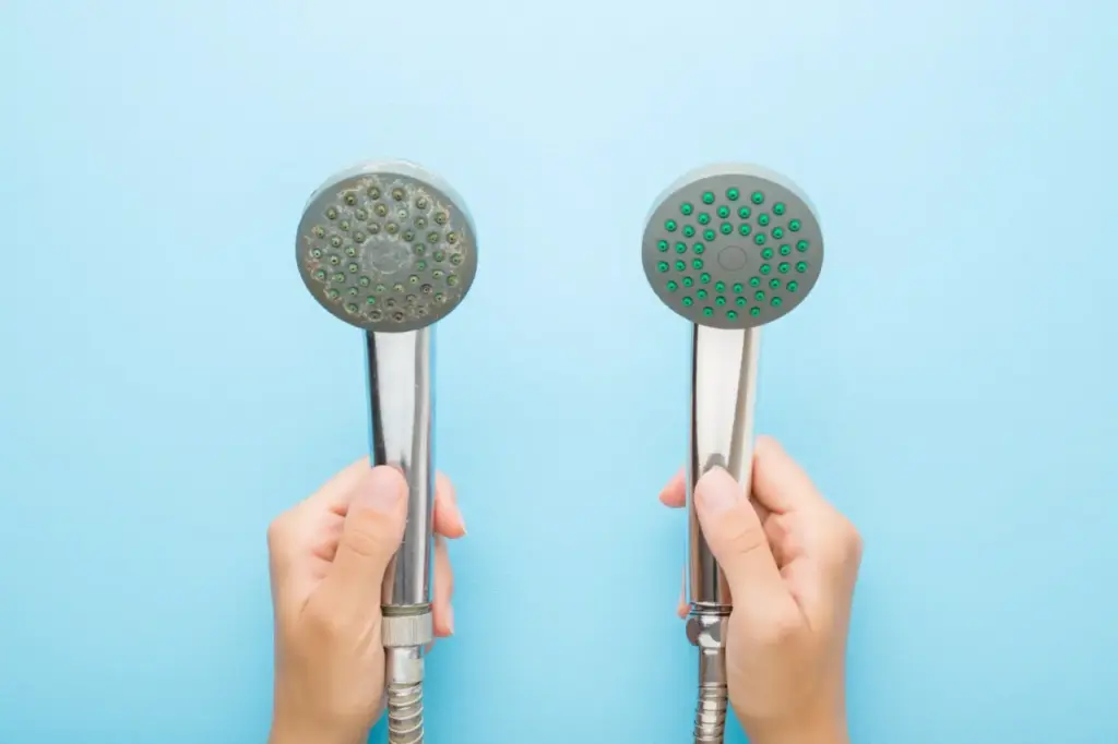 Zwei Duschköpfe im Vergleich – mit und ohne Kalkablagerungen.